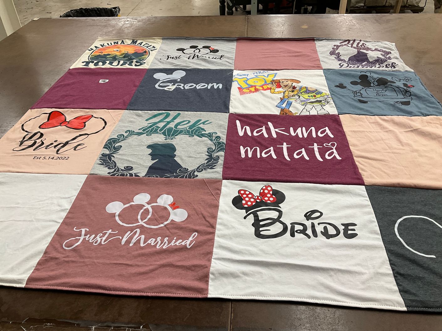 T-shirt quilt with weddings, disney themes by Jessica from PA