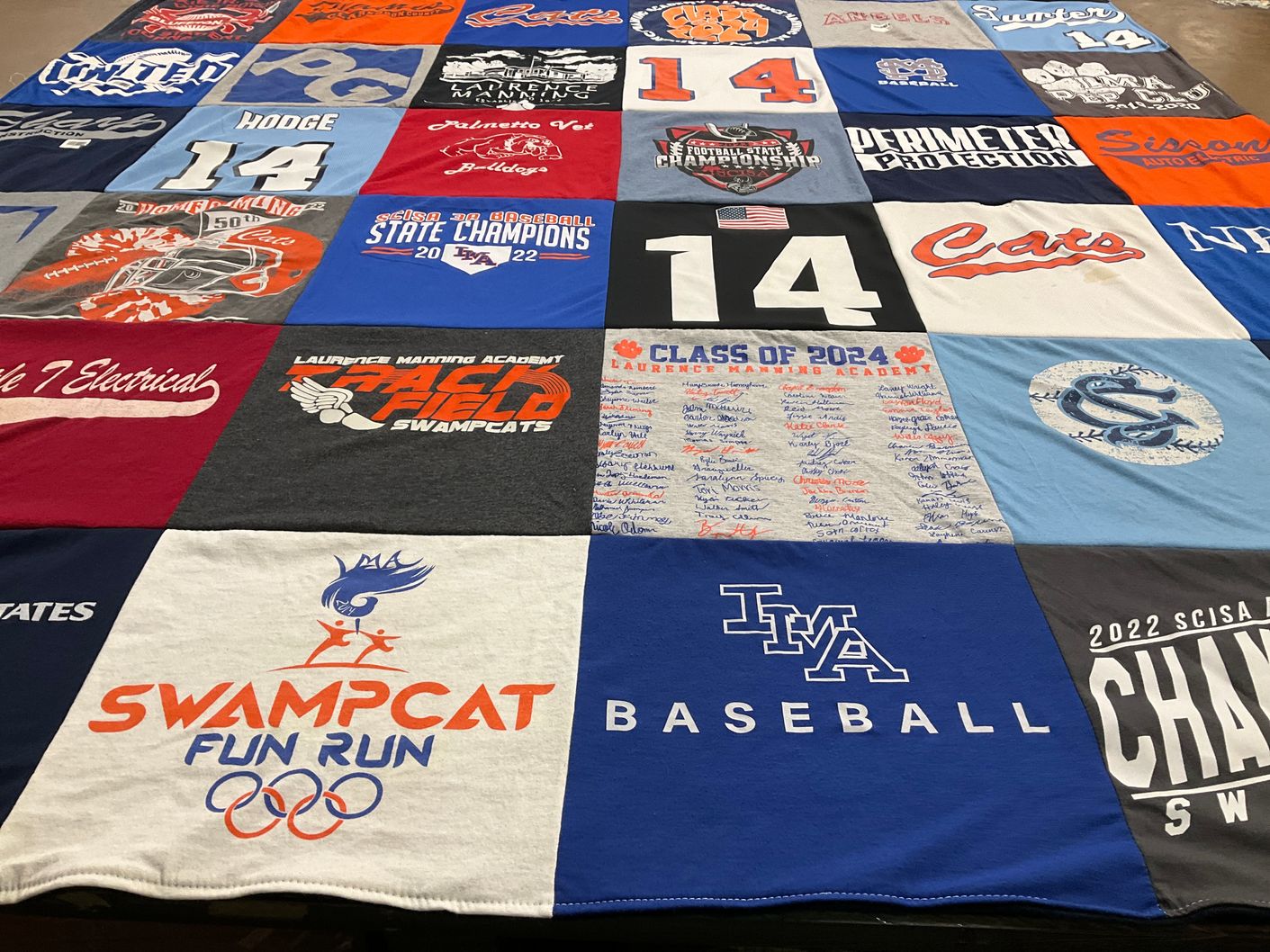 T-shirt quilt featuring lawrence manning academy swampcats, hodge bulldogs by Glenda from SC