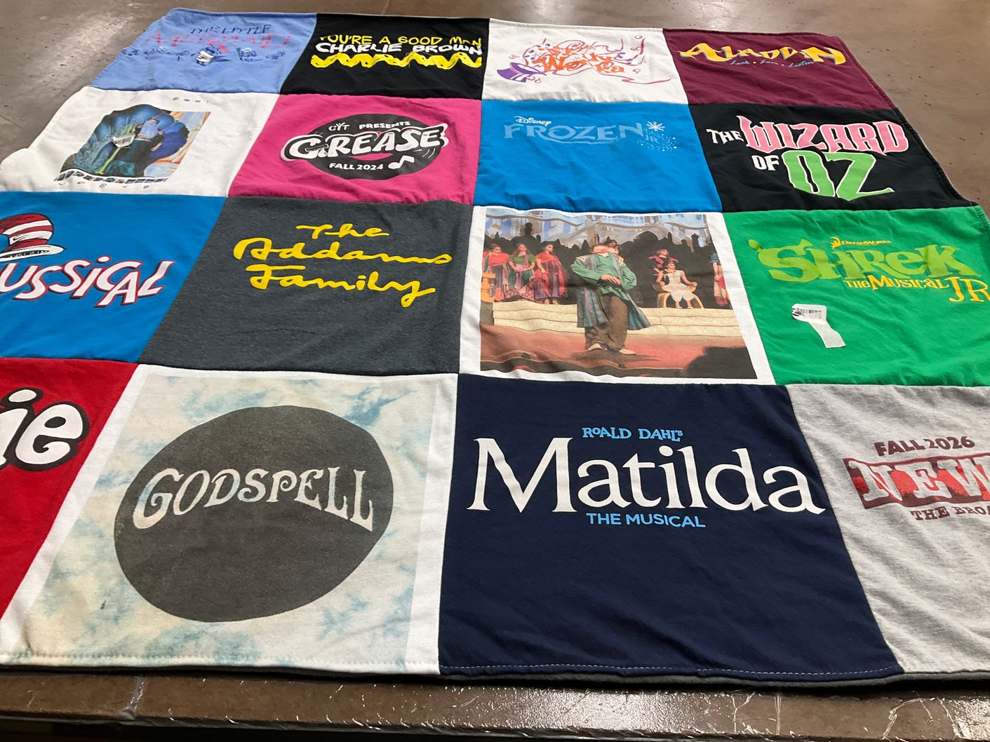 T-shirt quilt with musicals, theater themes by Lani from CA