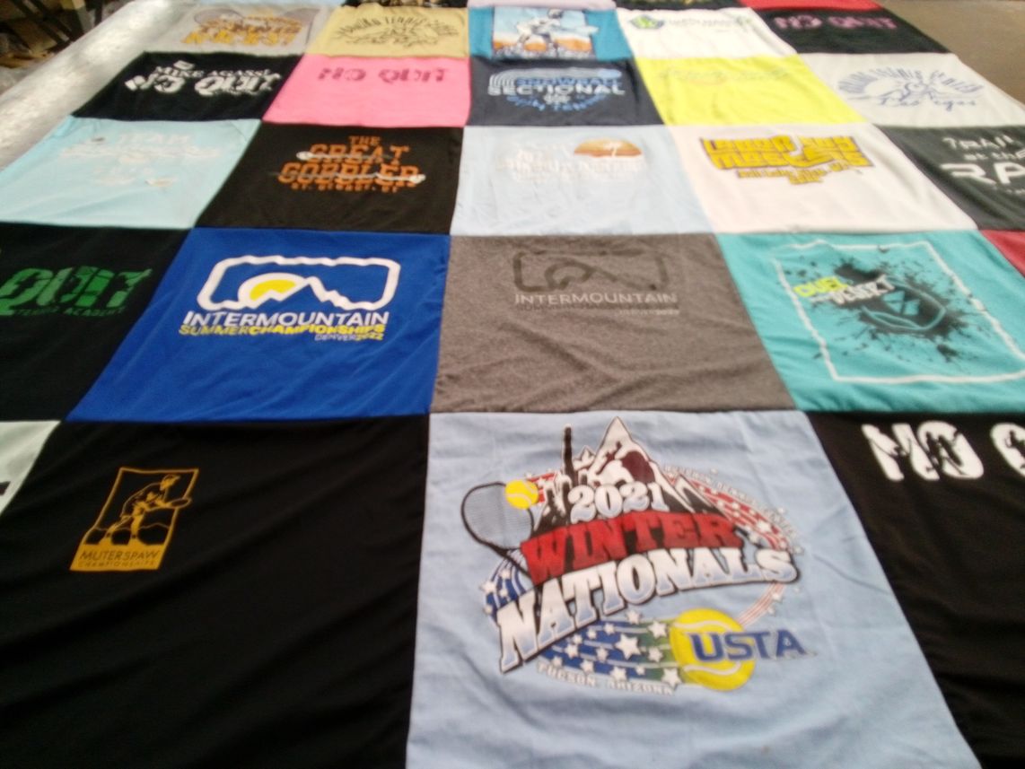 T-shirt quilt with sports, tennis themes by Molly from UT