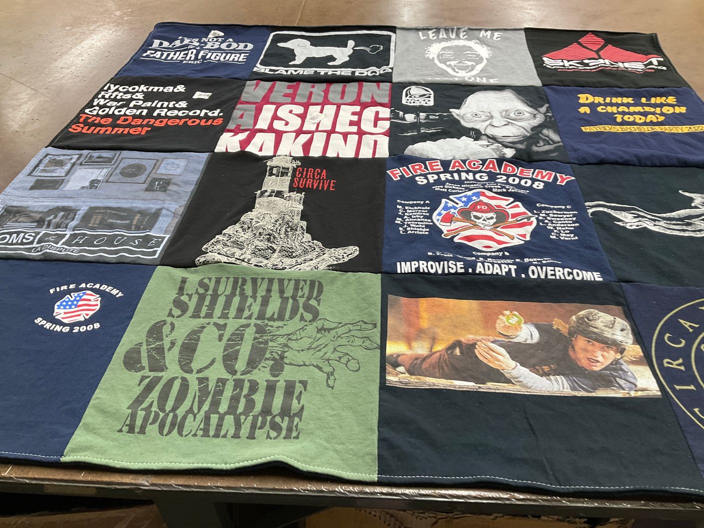 T-shirt quilt with music, firefighting themes by Bianca from CA