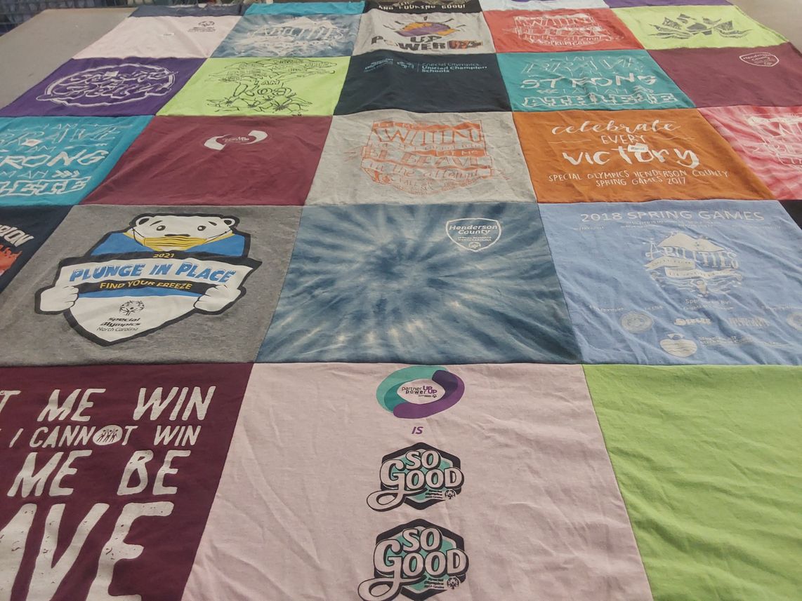 T-shirt quilt with special olympics themes by Rebecca from NC