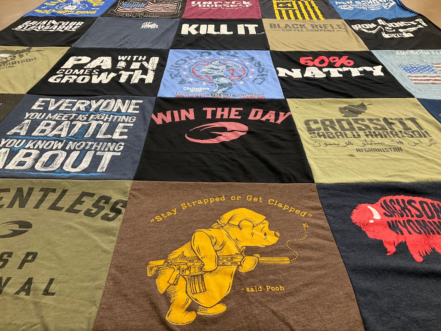 T-shirt quilt with fitness, crossfit themes by Linda from GA