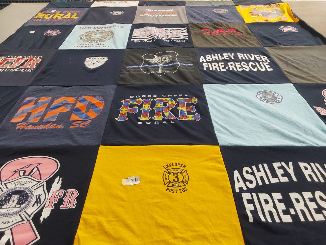 T-shirt quilt with firefighting, rescue services themes by John from SC