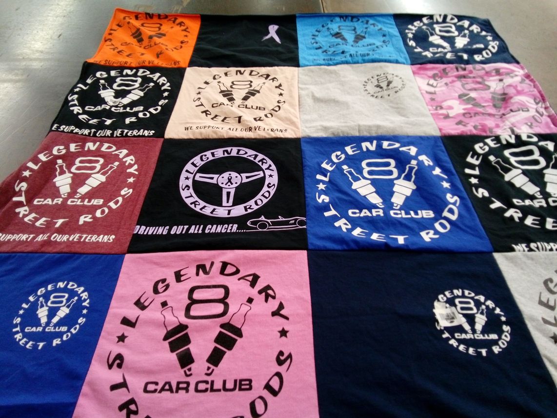 T-shirt quilt with cars, motor sports themes by Deborah from MA