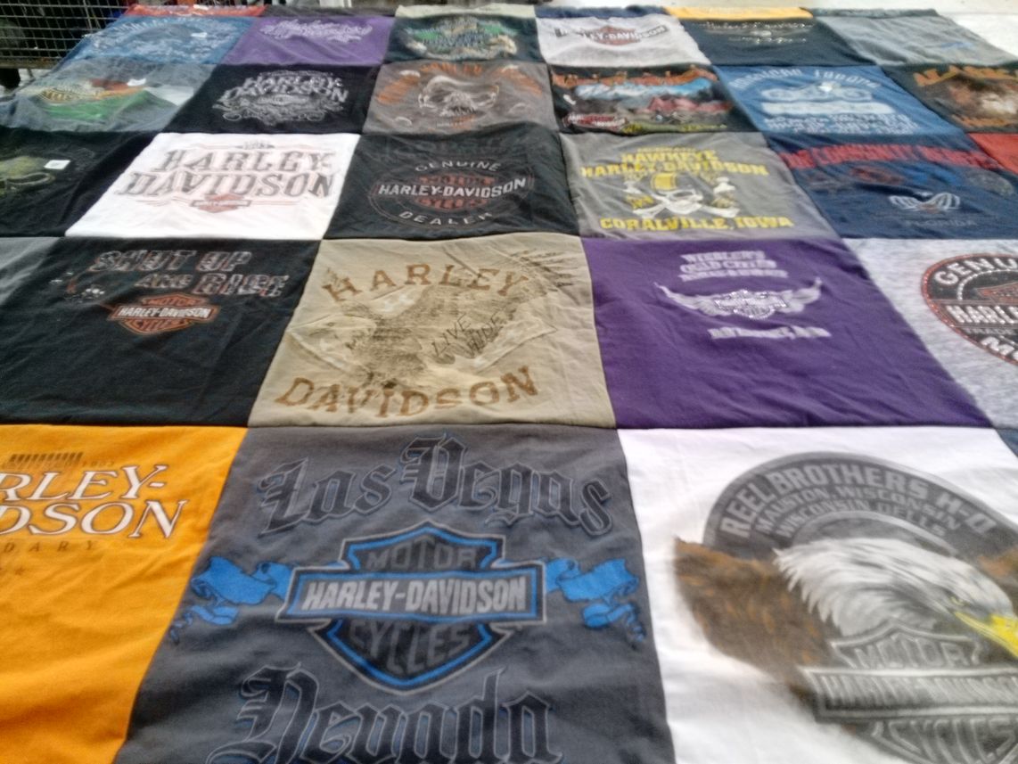T-shirt quilt with motorcycles, biking themes by Colleen from IA