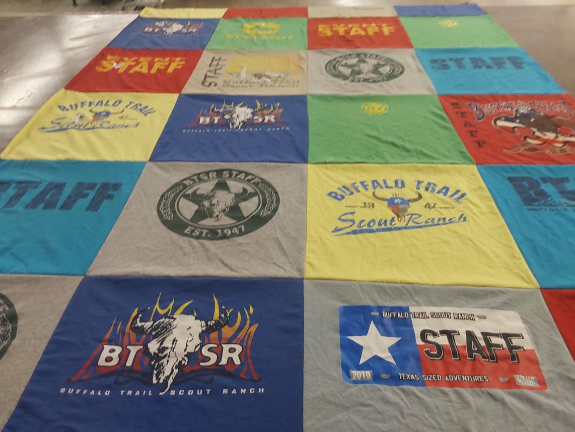 T-shirt quilt with camping, outdoor activities themes by Lee Bell from TX