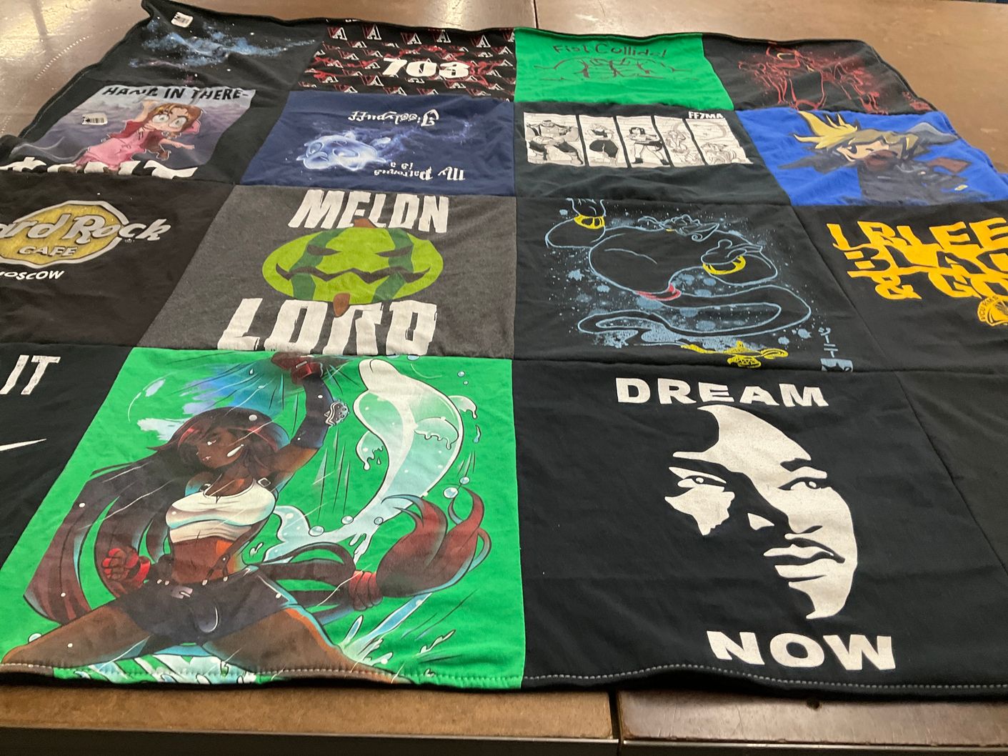 T-shirt quilt with anime, gaming themes by Anais from TX