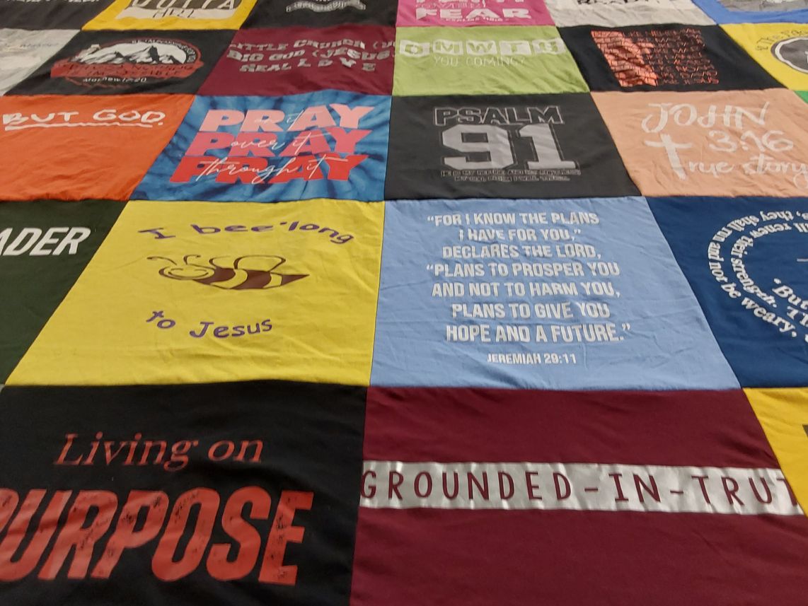 T-shirt quilt with faith, religion themes by Songia from AL