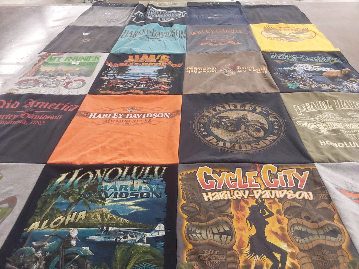 T-shirt quilt with motorcycles, biking themes by glendon from MO