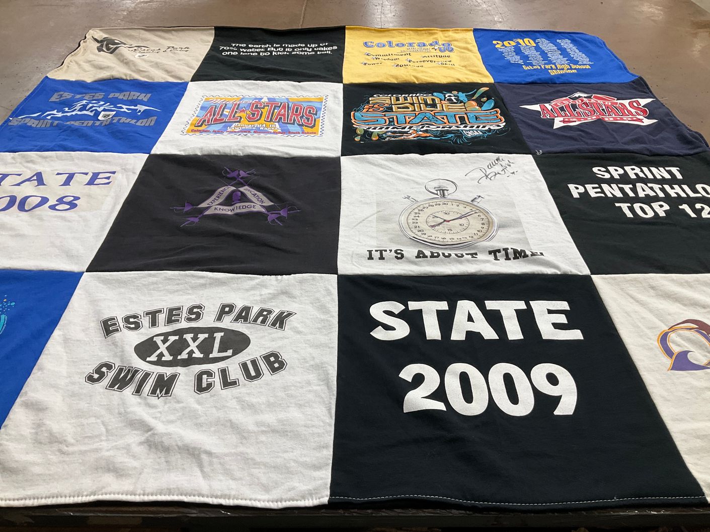 T-shirt quilt with swimming, sports themes by Shelley from CO