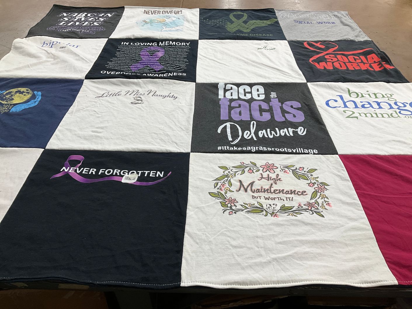 T-shirt quilt with substance abuse awareness, mental health awareness themes by Christina from DE