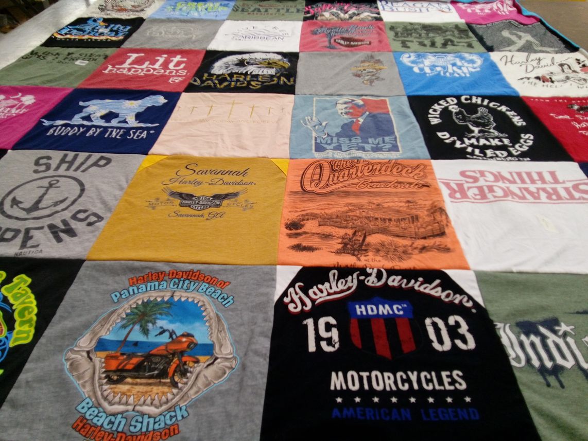 T-shirt quilt with motorcycles, beach themes by Paulette from NC