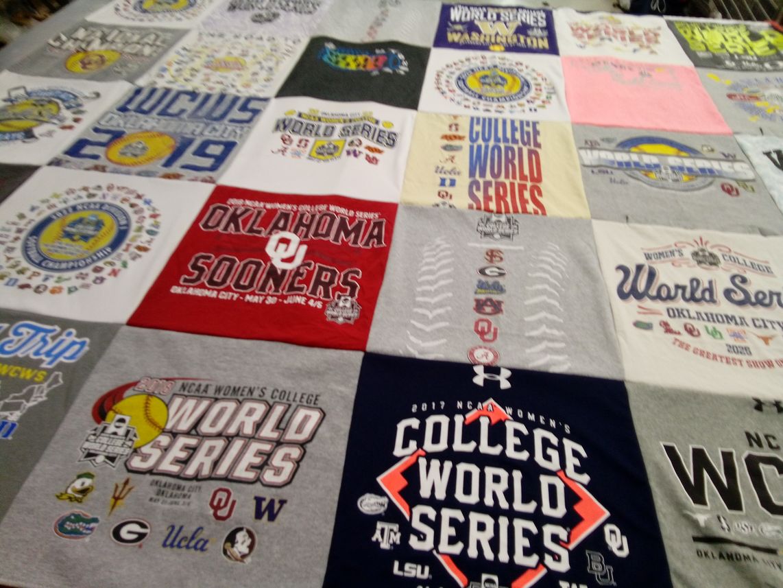 T-shirt quilt featuring oklahoma sooners, ucla bruins by Leslie from OK