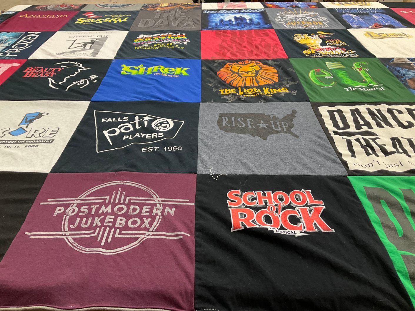T-shirt quilt with theater, musicals themes by Melissa from WI