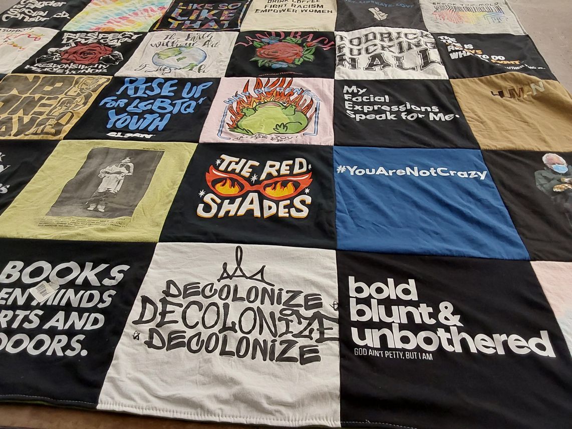 T-shirt quilt with activism, social justice themes by Britt from CA