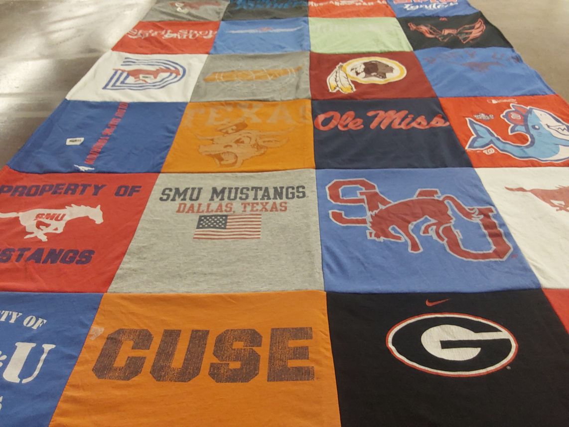 T-shirt quilt featuring southern methodist university mustangs, ole miss rebels by Julie from VA