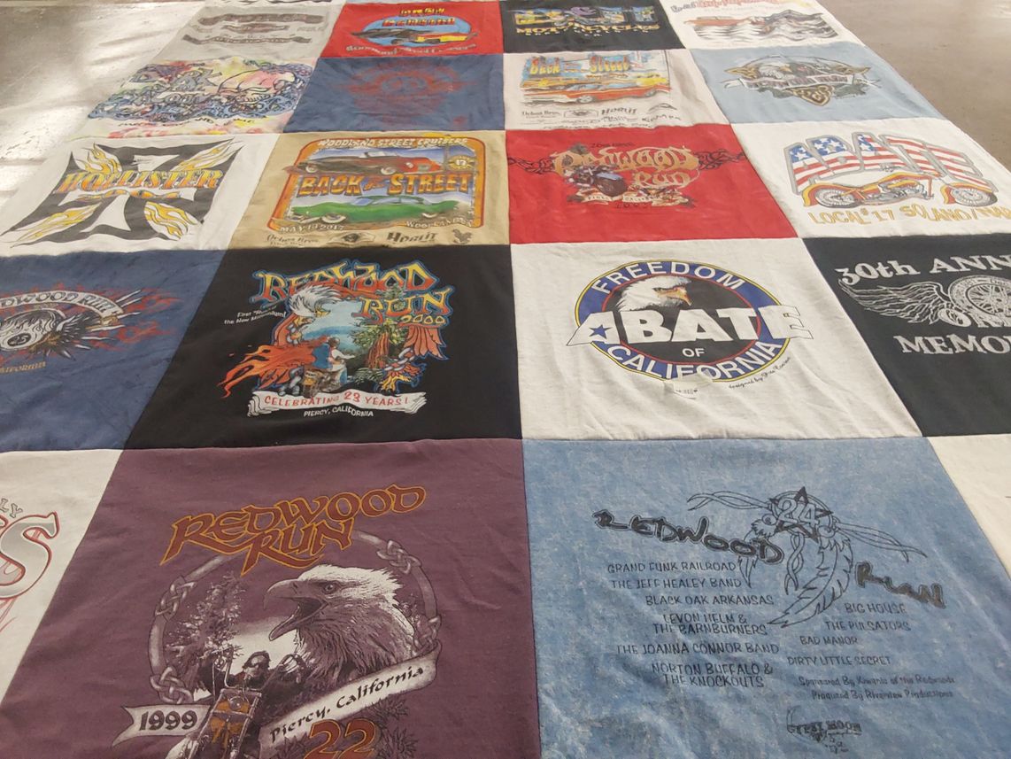 T-shirt quilt with motorcycles, riding themes by Denise from CA