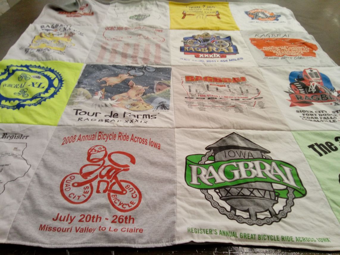 T-shirt quilt with cycling, bicycling themes by Robin from IL
