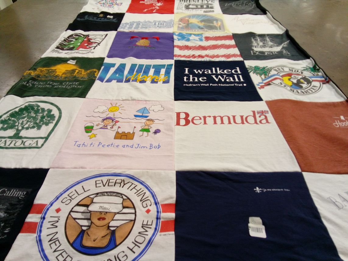 T-shirt quilt with travel, vacation themes by Nancy from FL