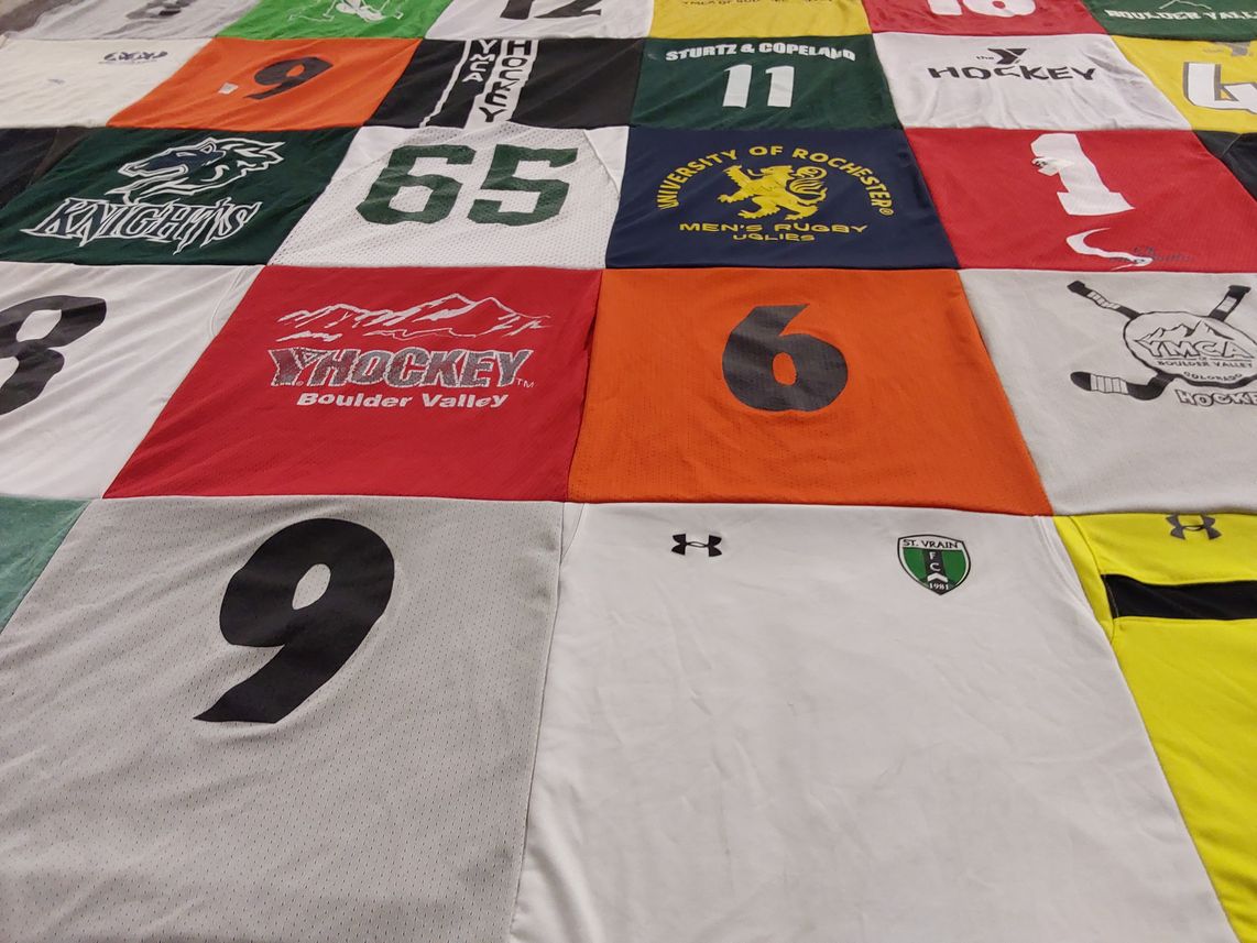T-shirt quilt featuring knights, boulder valley hockey by Denise from CO