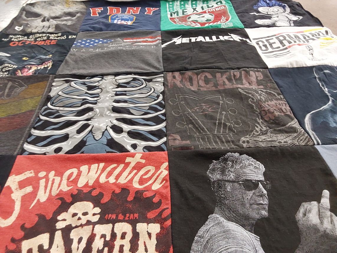 T-shirt quilt with music, firefighting themes by Georgina from MA