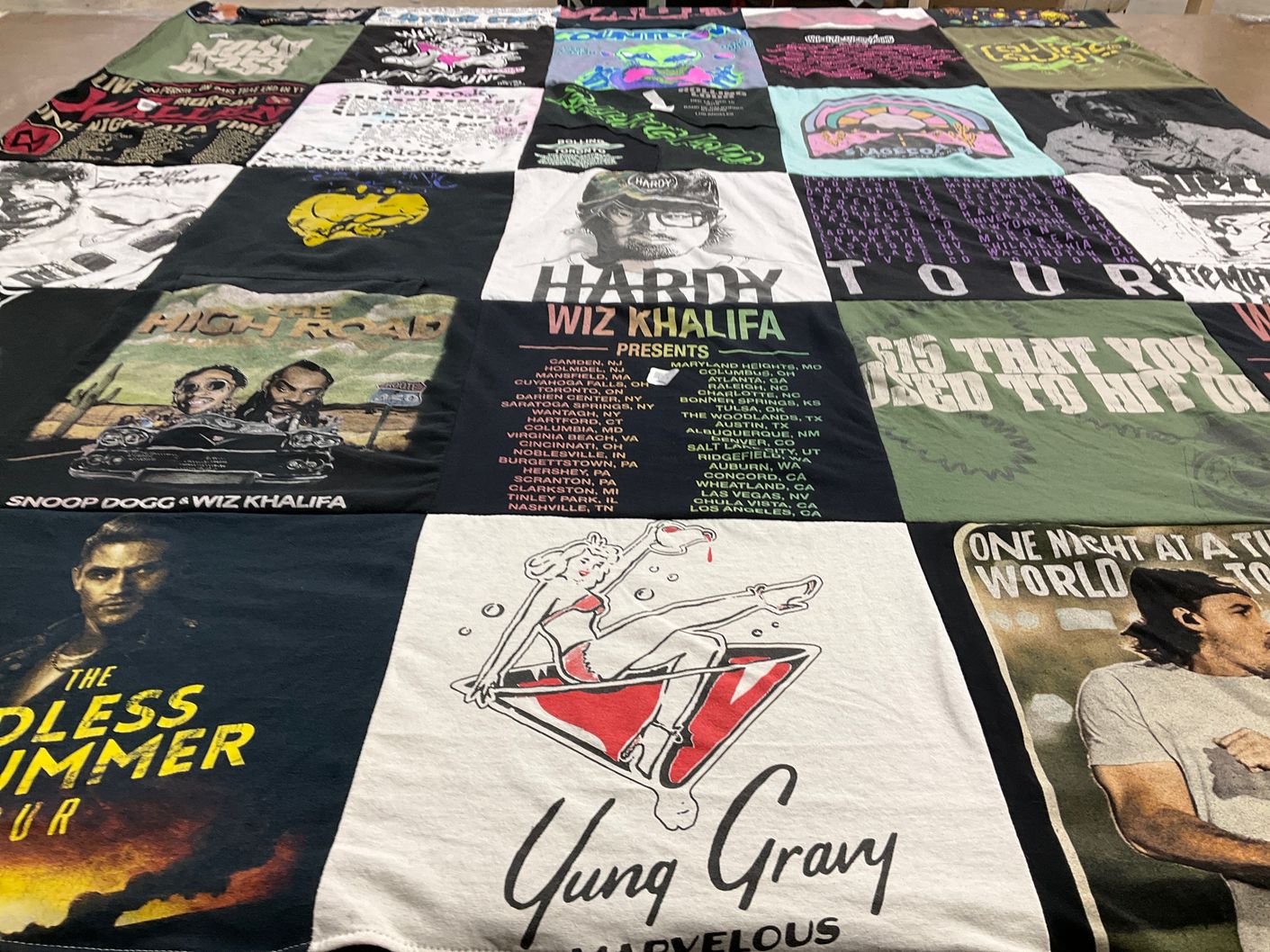 T-shirt quilt with music, concerts themes by Taylor from CA