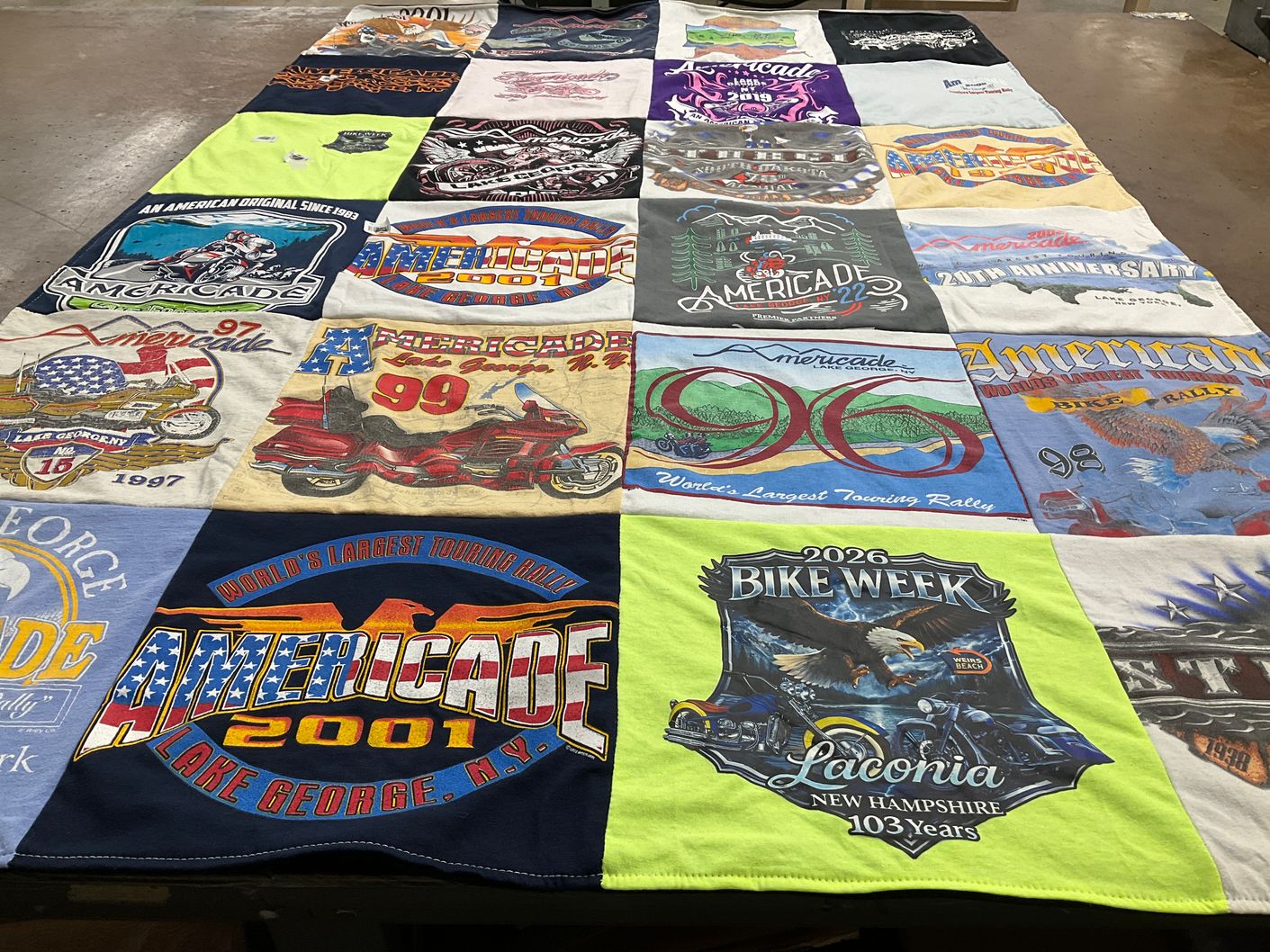 T-shirt quilt with motorcycling, biking themes by Nancy from NH