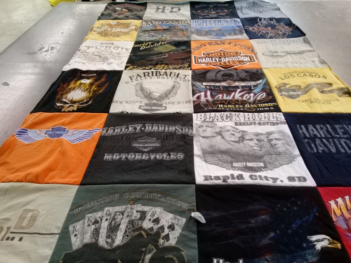 T-shirt quilt with motorcycles, biking themes by Coleen from IL