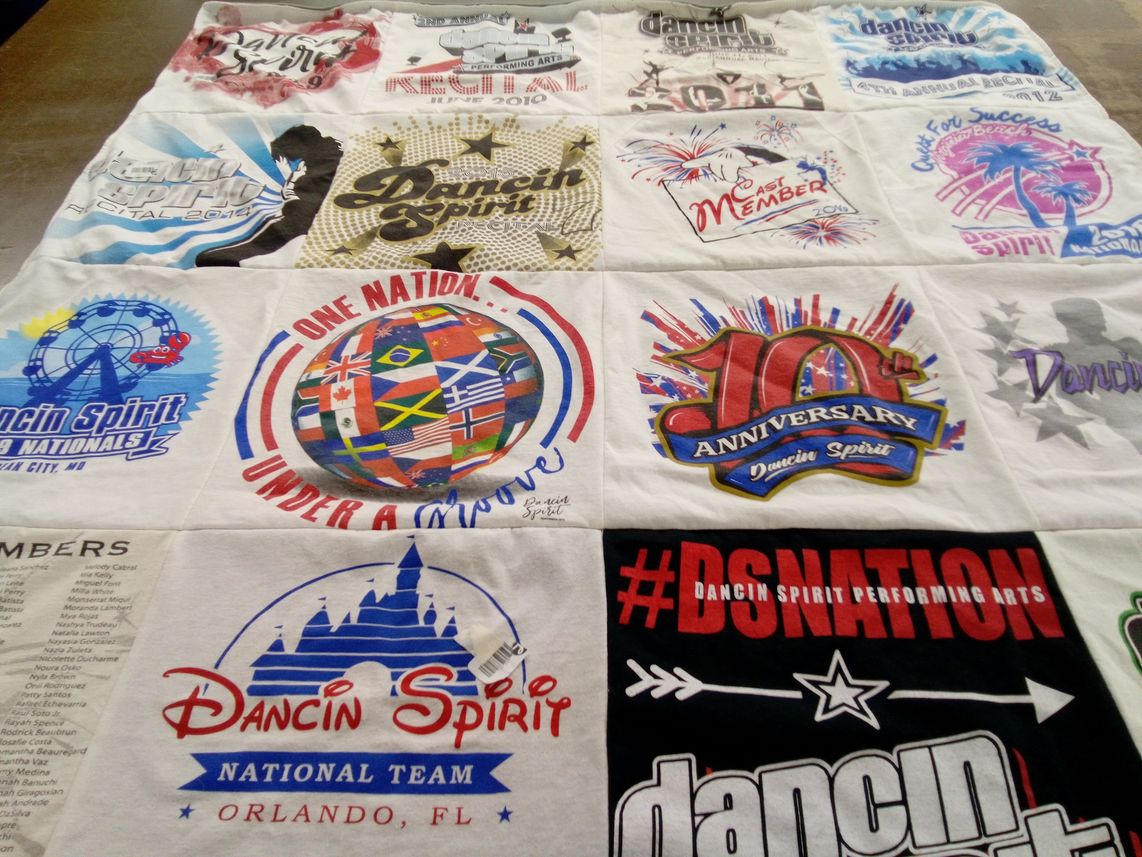 T-shirt quilt with dance, performing arts themes by Elaine from RI