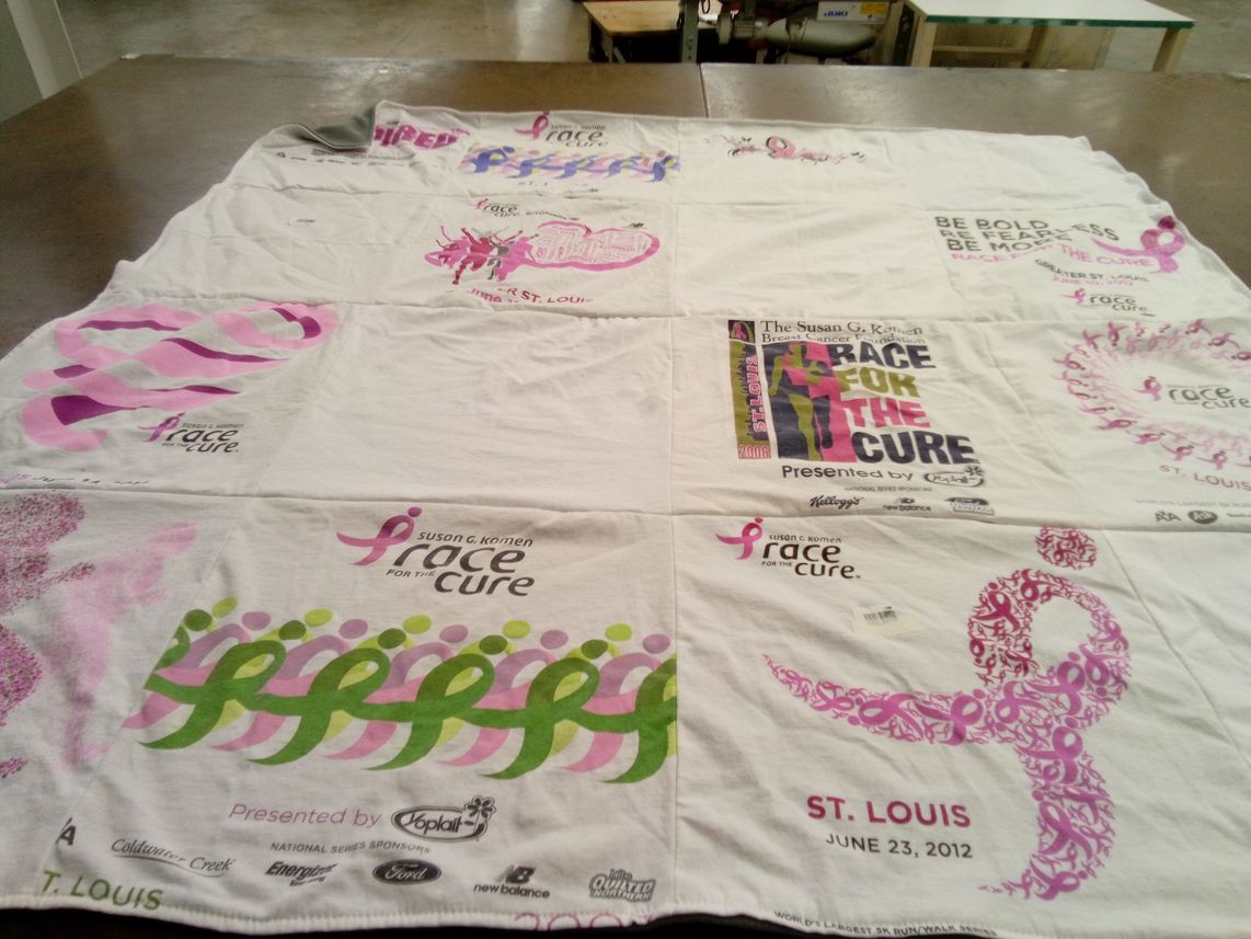 T-shirt quilt with breast cancer awareness, charity events themes by Joan from IL