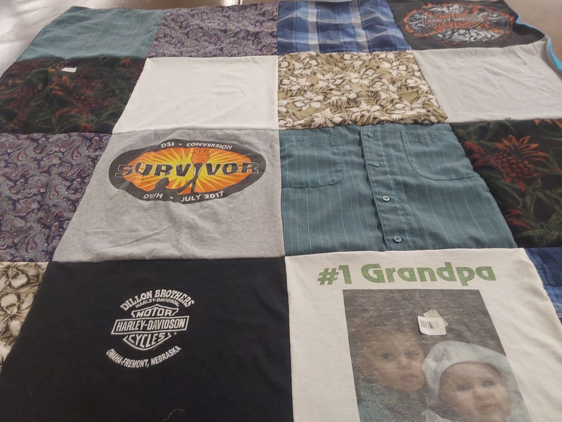 T-shirt quilt with motorcycles, family themes by Dana from NE
