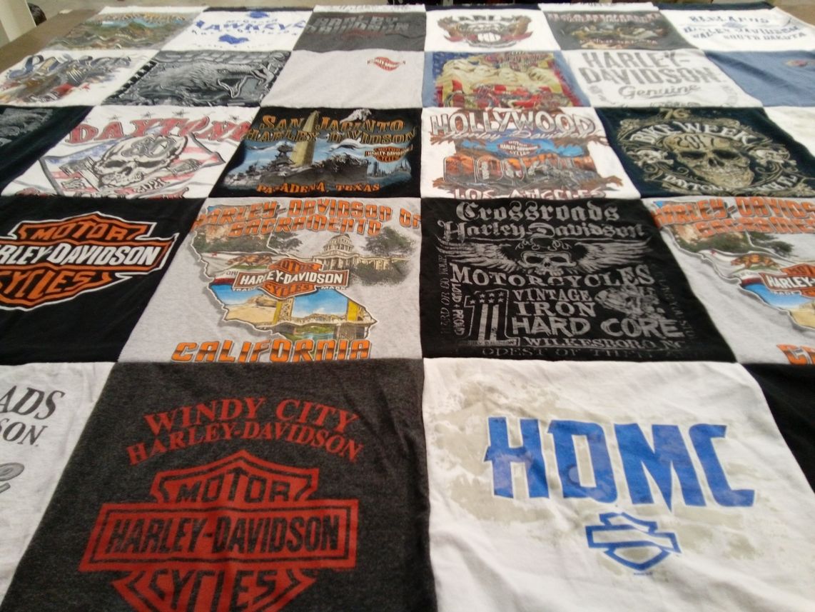 T-shirt quilt with motorcycles, biking themes by Kim from NC