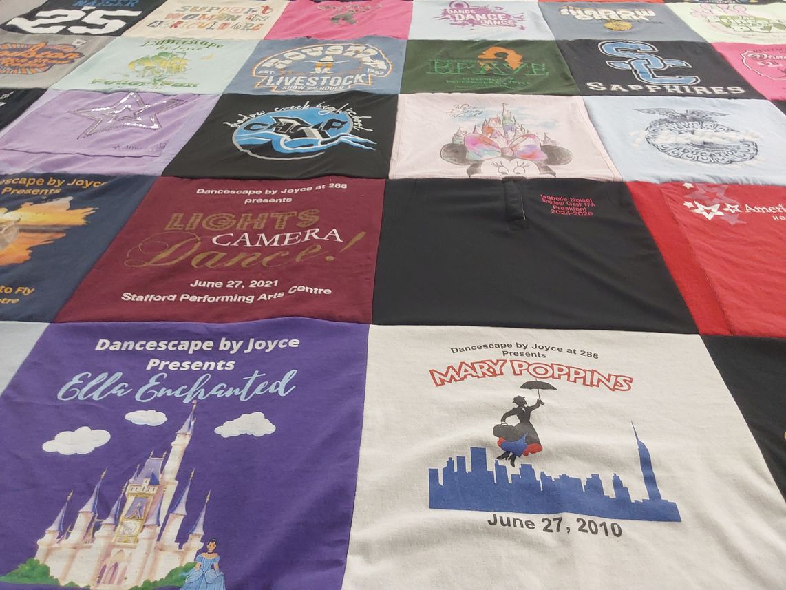 T-shirt quilt with dance, theater themes by Shelley from TX