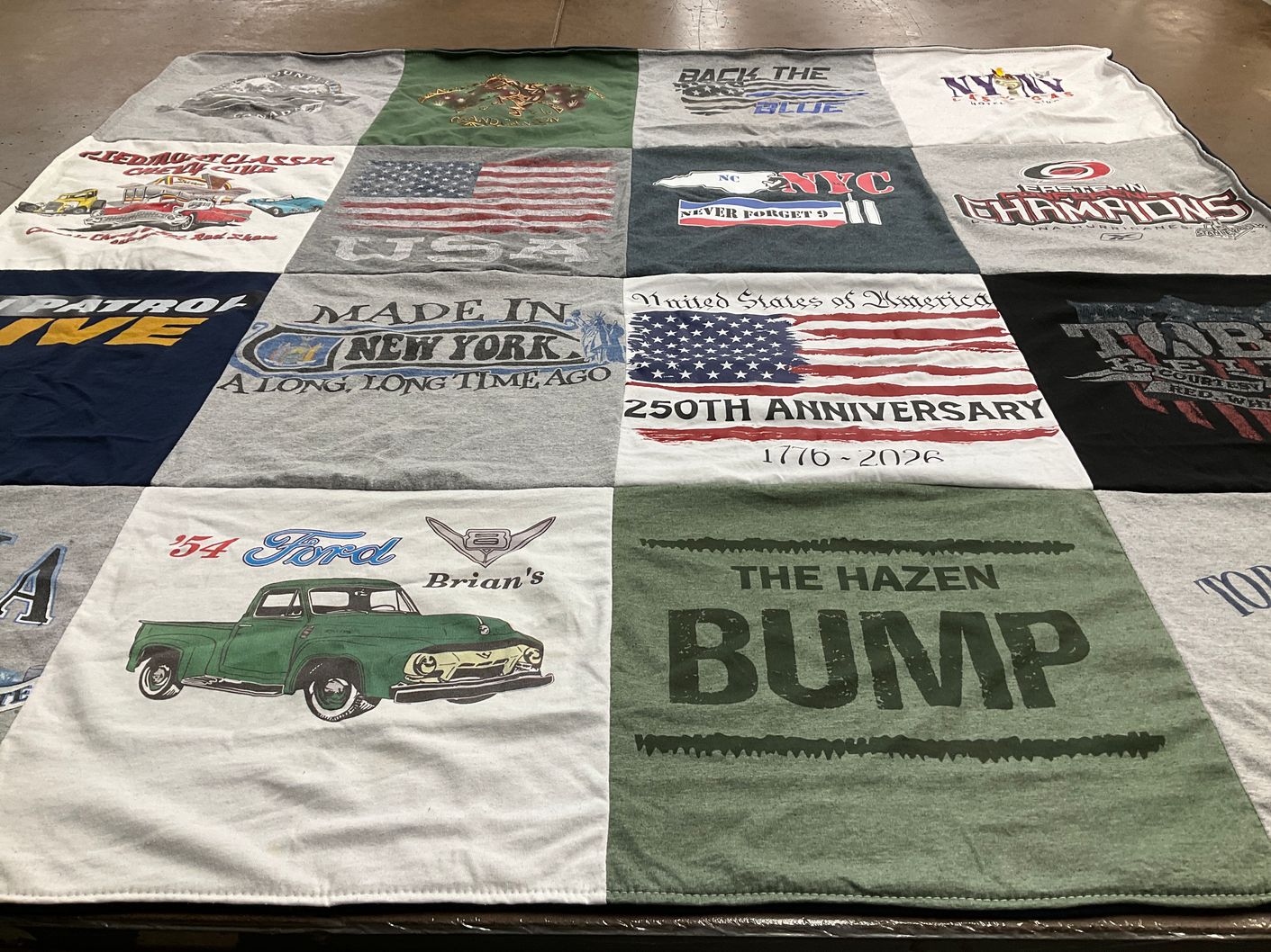 T-shirt quilt with cars, history themes by Margaret from NC