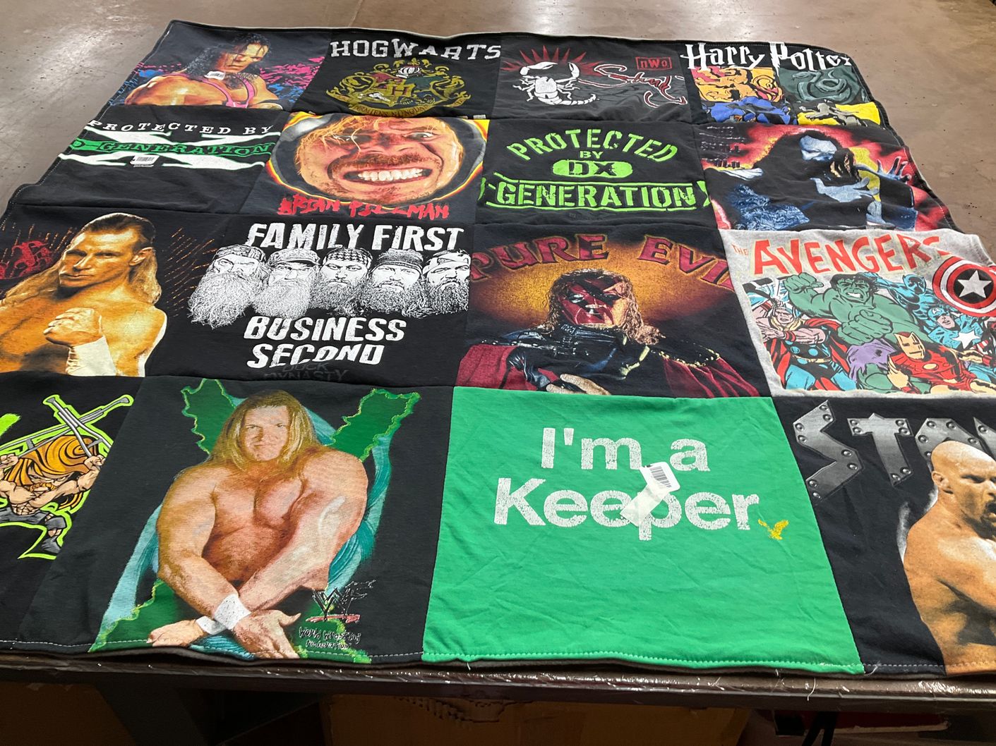 T-shirt quilt with wrestling, fantasy themes by Anita from NY