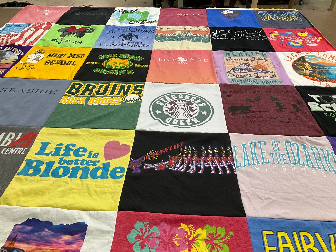 T-shirt quilt from rock bridge high school, mini med school by Rachel from MO