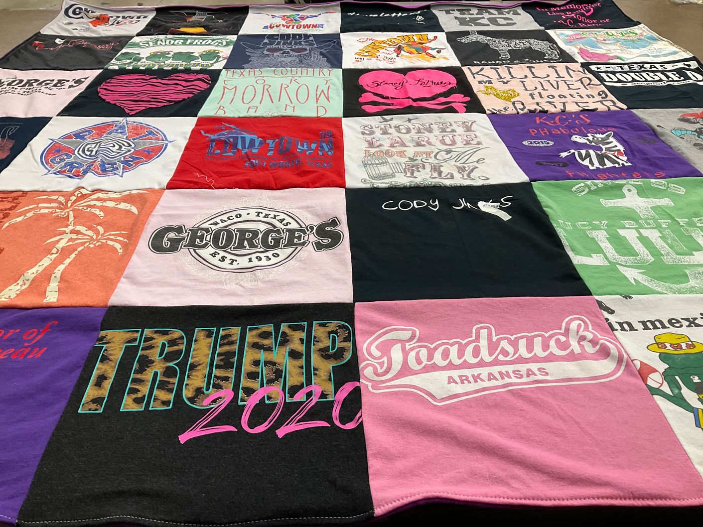 T-shirt quilt with country music, politics themes by Dena from TX