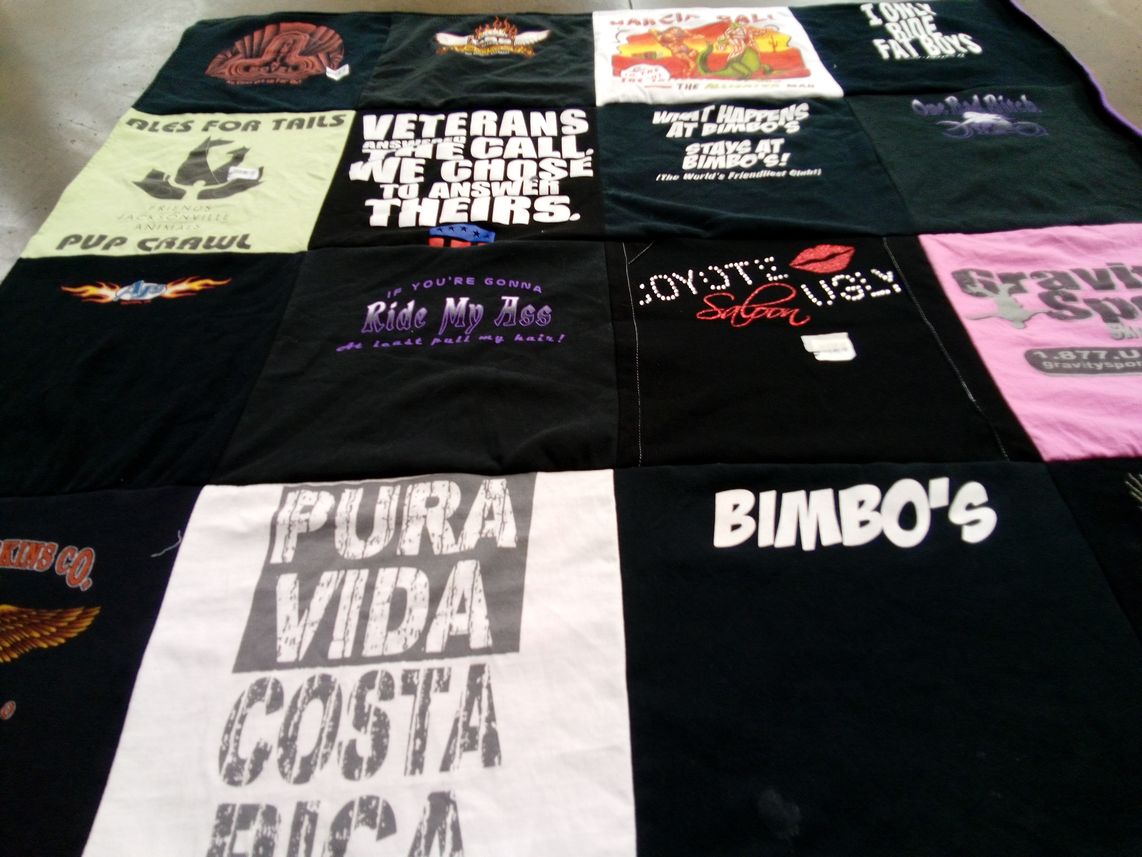 T-shirt quilt with veterans, biking themes by Janee' from FL