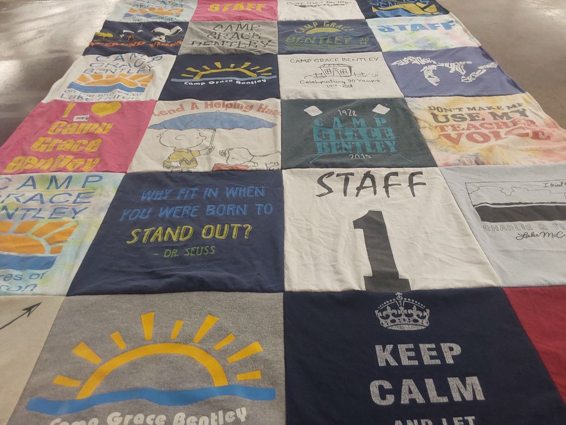 T-shirt quilt with camping, education themes by Marisa from MO