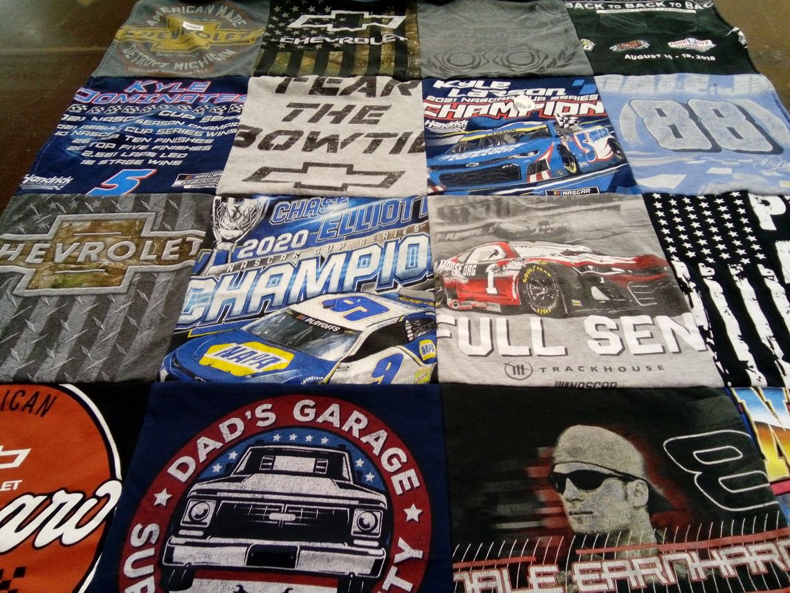 T-shirt quilt with nascar, auto racing themes by Debra from AZ