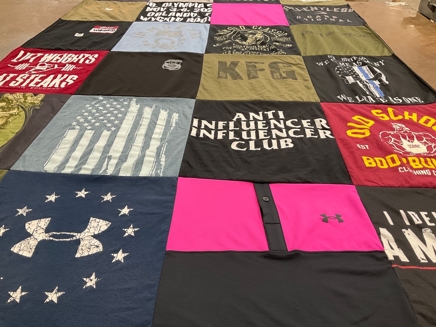 T-shirt quilt with fitness, bodybuilding themes by Linda from GA