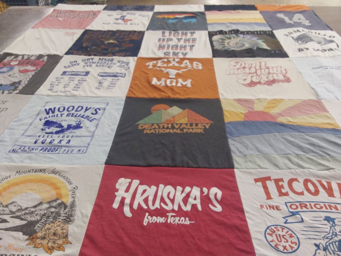 T-shirt quilt with traveling, texas culture themes by Chris from TX