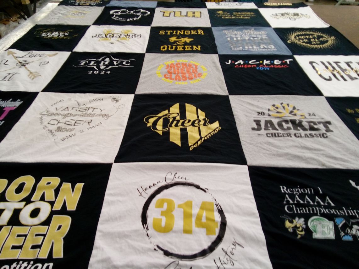 T-shirt quilt with cheerleading themes by Kelly from SC