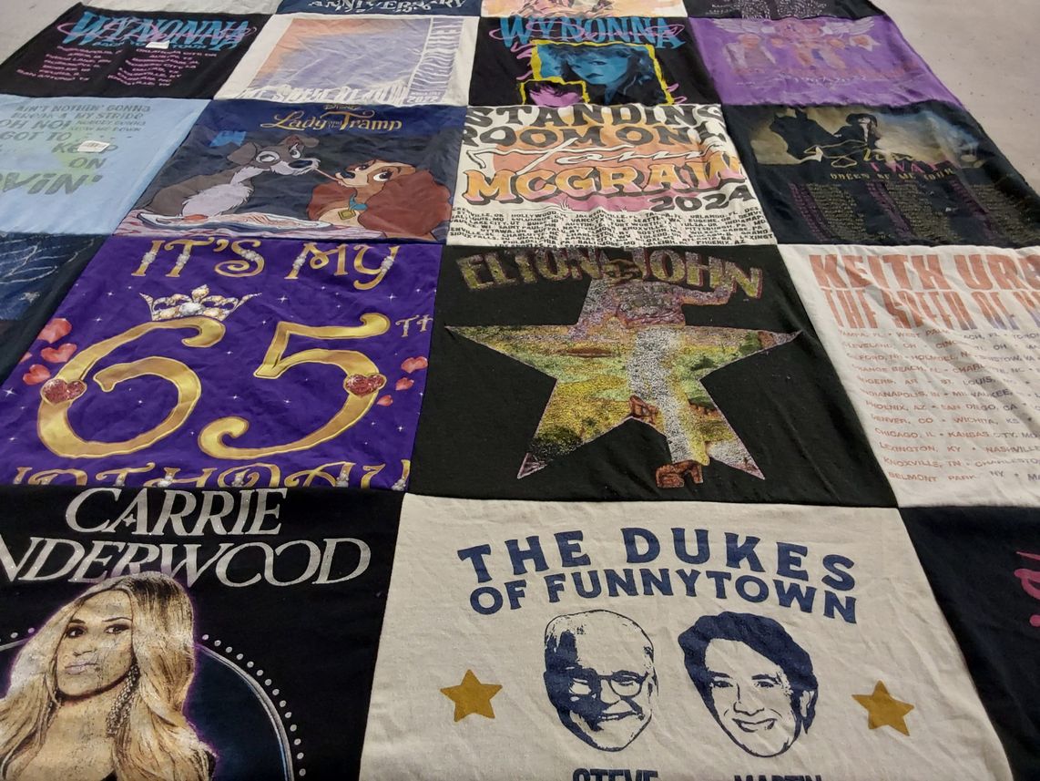 T-shirt quilt with music, birthdays themes by Sheryl from IN