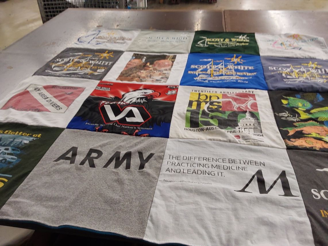 T-shirt quilt with veterans, medicine themes by Madeleine from TX