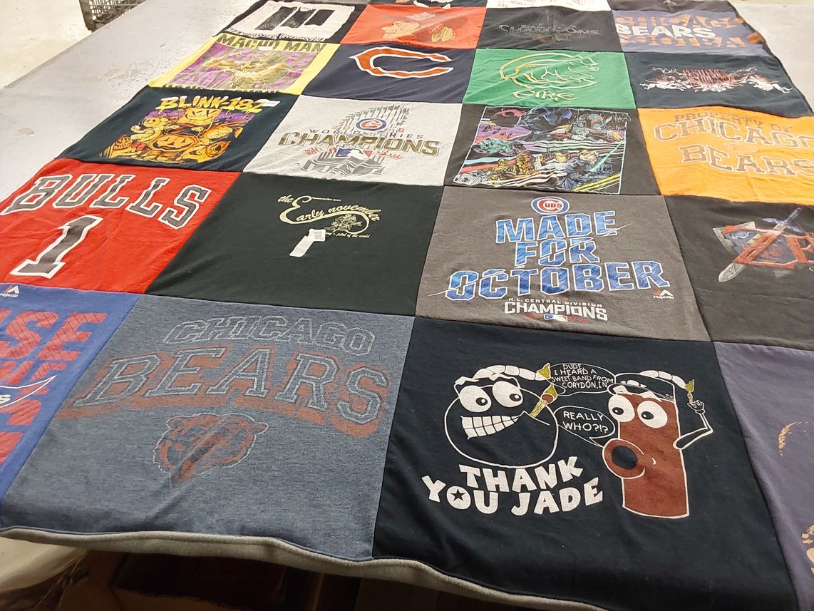 T-shirt quilt with sports, music themes by Michael from IN