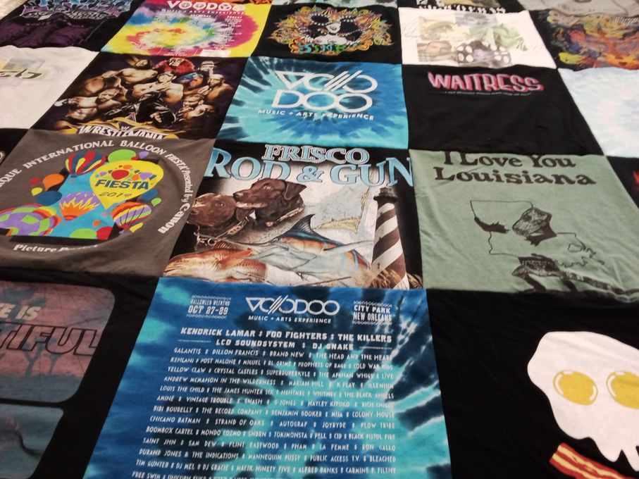 T-shirt quilt with music, art themes by Kathleen from CA