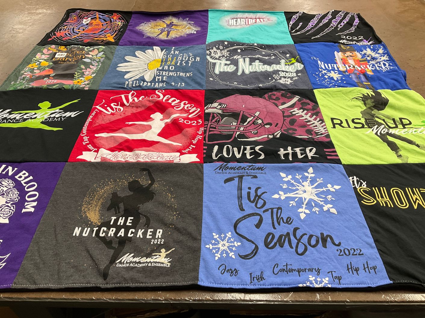 T-shirt quilt with dance, arts themes by Cynthia from WA