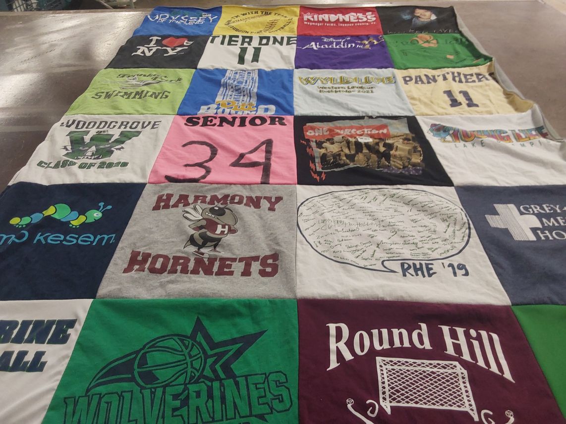 T-shirt quilt featuring harmony hornets, woodgrove wolverines by Kate from VA